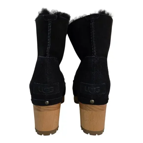 Ugg Thebes Black Suede Fur Lined Clog Boots Size 6 Chunky Platform Boho Winter - Picture 5 of 12